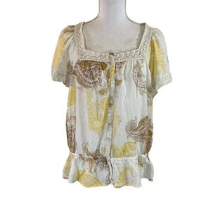 Sonoma Blouse XL White And Yellow Paisley Crochet Lace Trim Peplum Fit Sheer Top